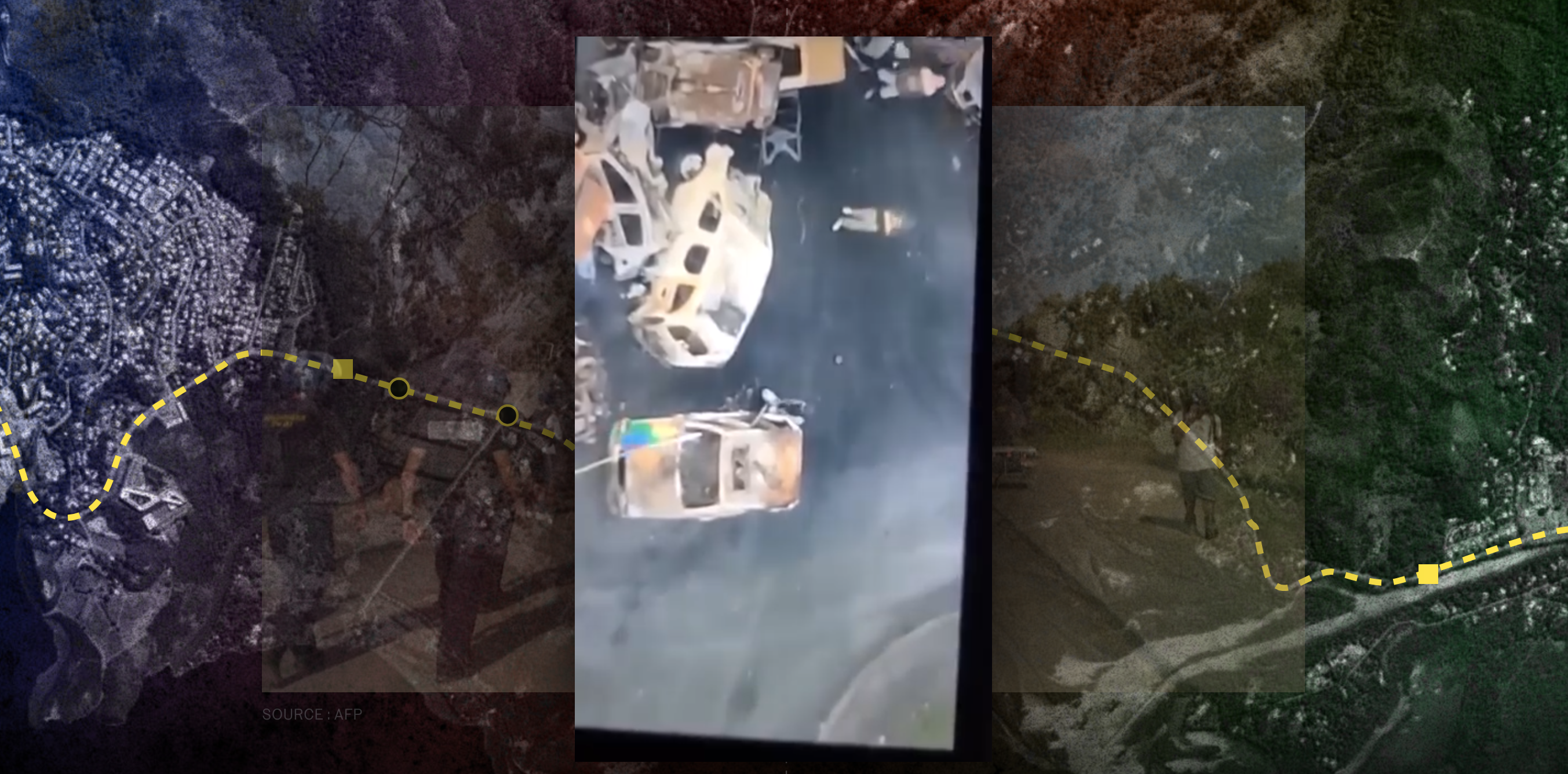Vue satellite de la route traversant la tribu de Saint-Louis, tracée en jaune, et image aérienne de véhicules calcinés sur la chaussée.