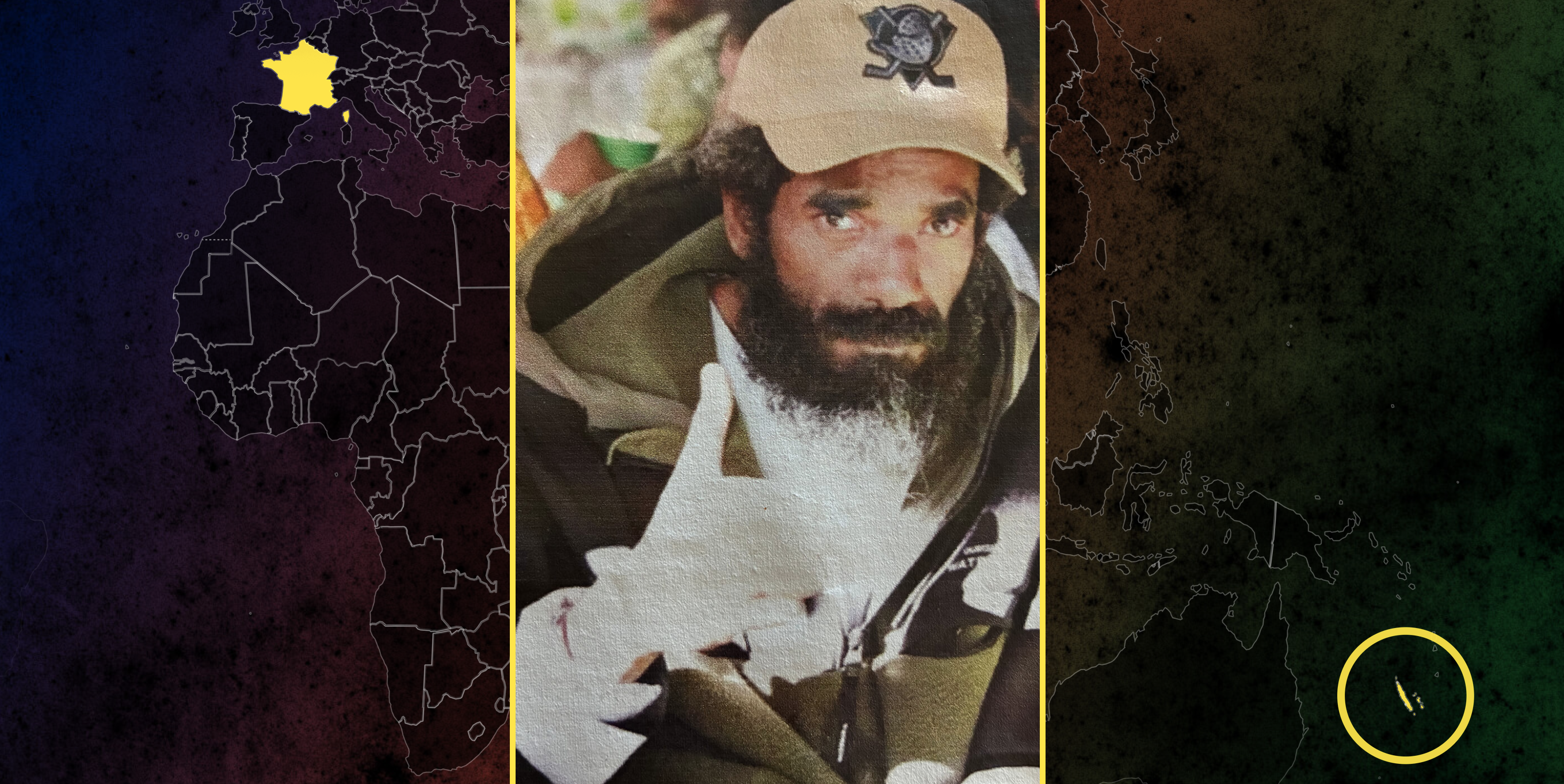 Portrait de Rock Victorin Wamytan, dit « Banane », entre une carte du monde situant la Nouvelle-Calédonie et une vue satellite de l’archipel.