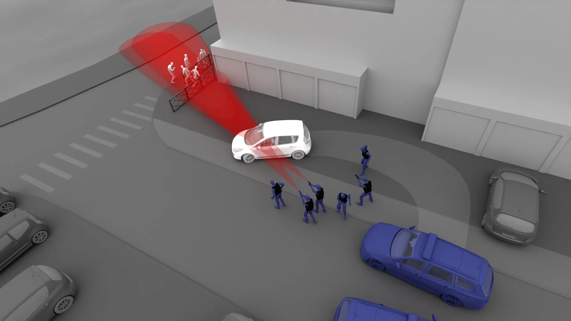 Reconstitution 3D d'une intersection de nuit, avec le véhicule de Luis Bico et les positions des policiers