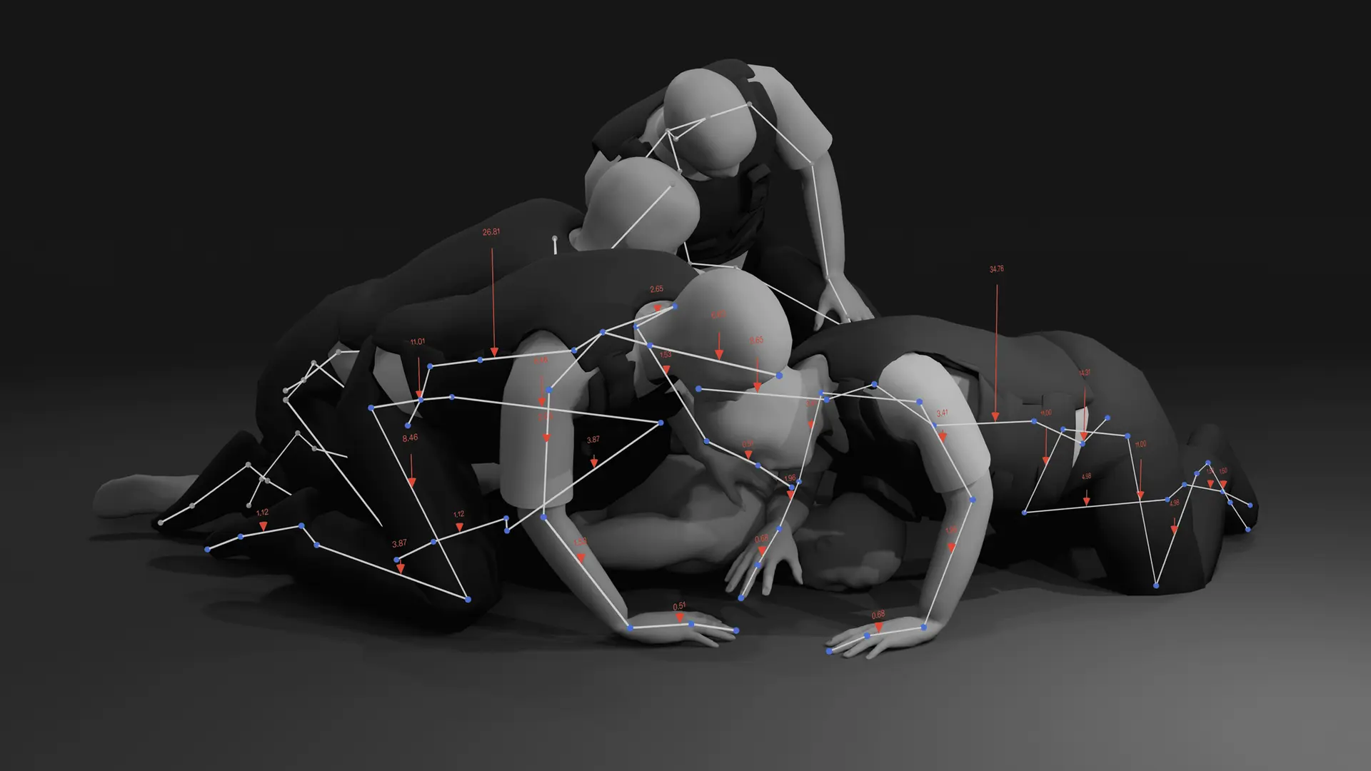 Modèle 3D de plusieurs corps superposés lors d'un plaquage au sol, annoté de mesures