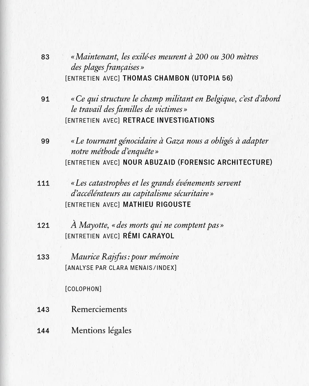 Table of contents of Éclairages (2/2)