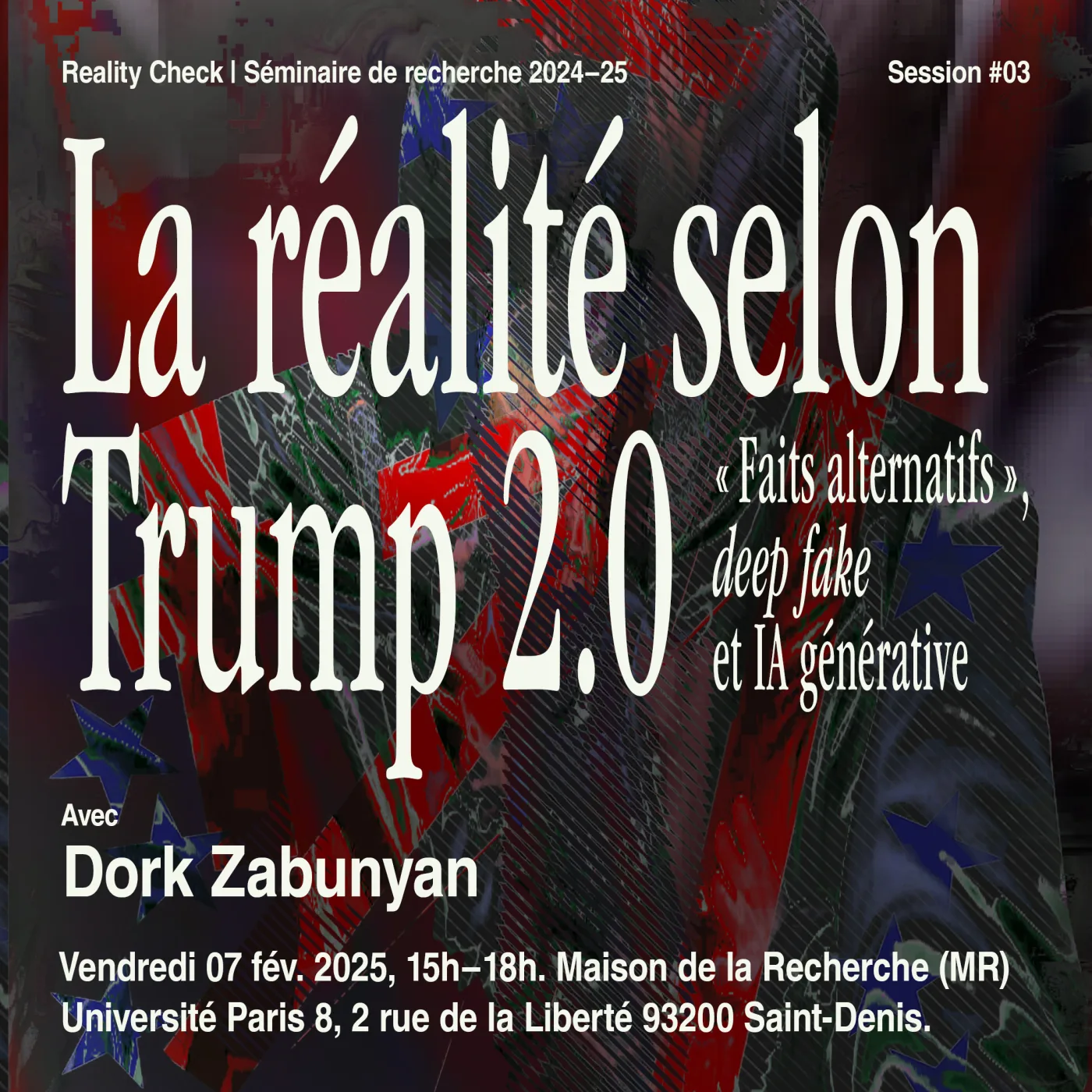 Poster for session 3 of the Reality Check seminar, title over a fragmented American flag