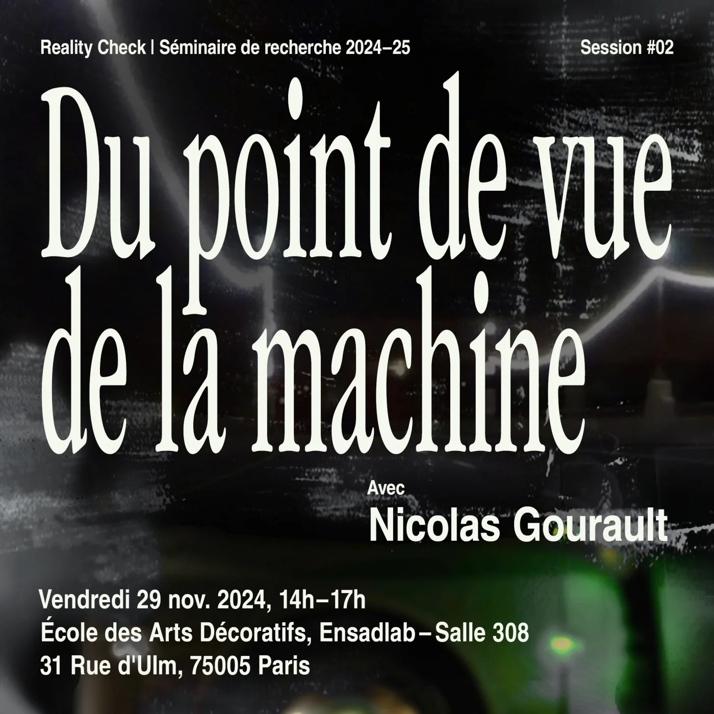 Poster for session 2 of the Reality Check seminar, title over a night-time background streaked with light trails
