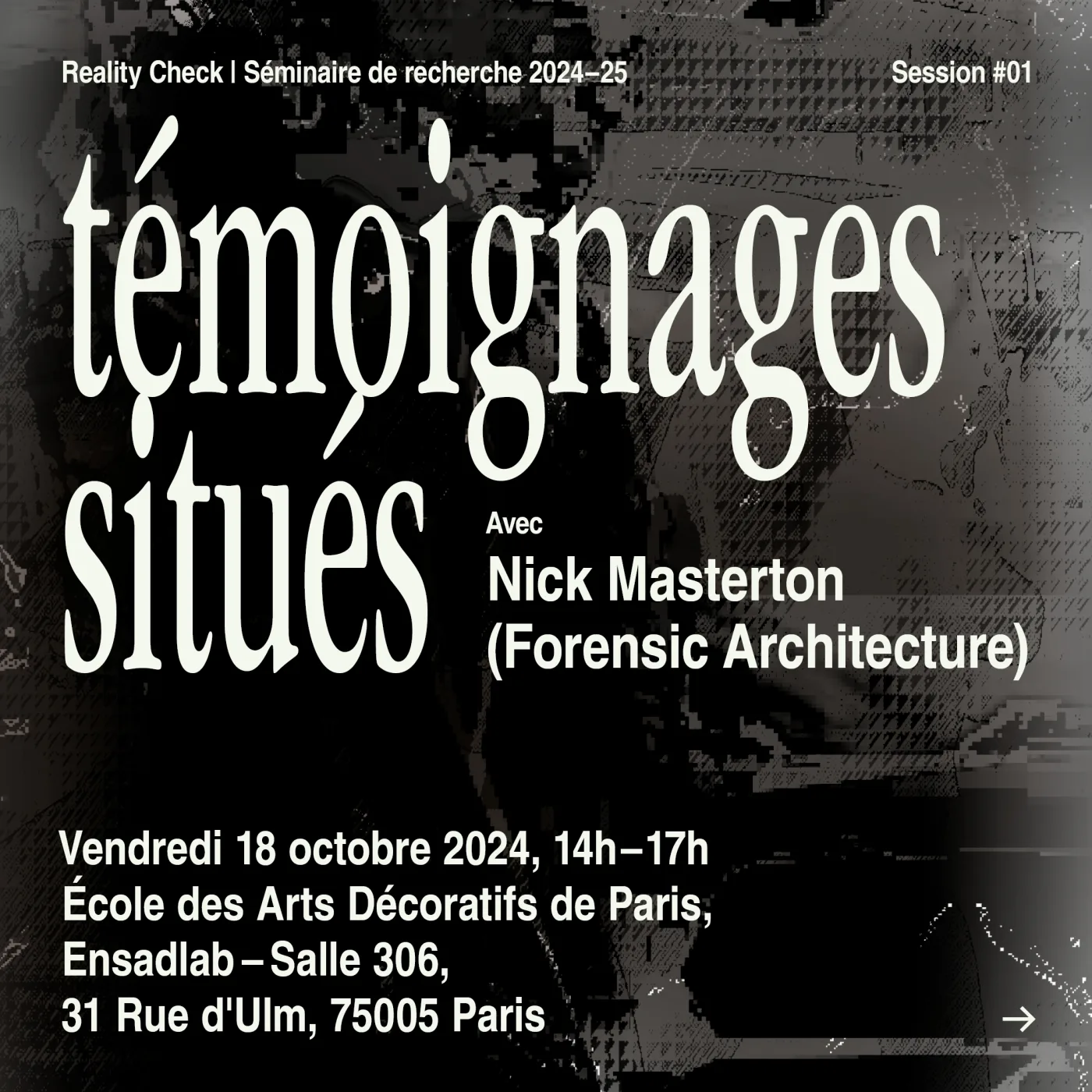 Poster for session 1 of the Reality Check seminar, title in white letters over a faded photographic background