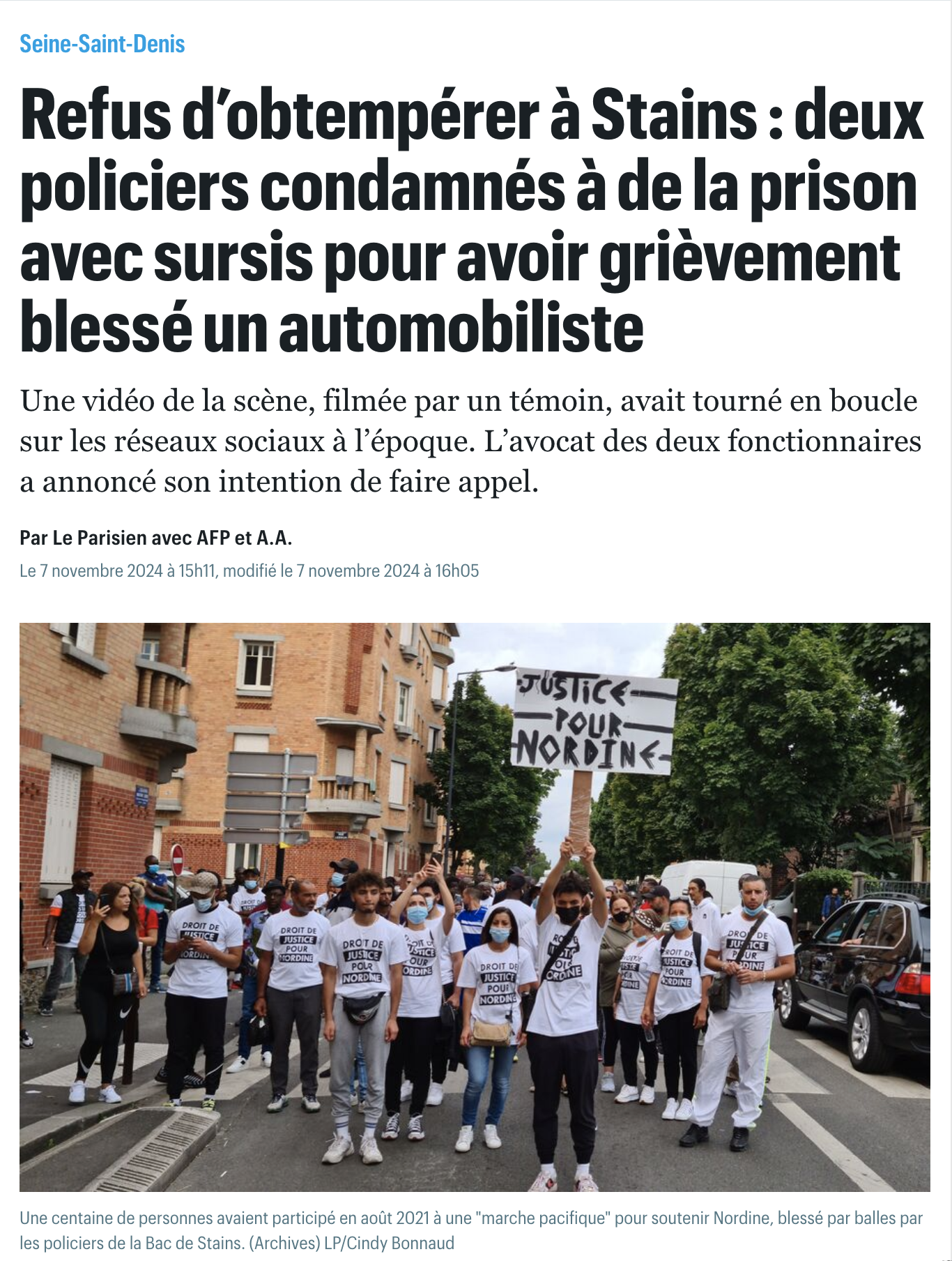 Article du Parisien sur la condamnation des deux policiers de la BAC de Stains (2024)